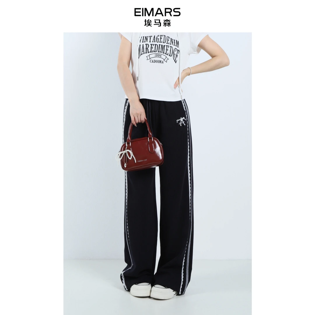 EIMARS埃马森秋季美式复古蕾丝花边蝴蝶结高腰运动休闲裤21238002