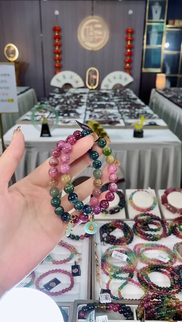 未镶嵌老矿碧玺油料色标彩虹单圈手串9mm+碧玺dan多样性发货一条