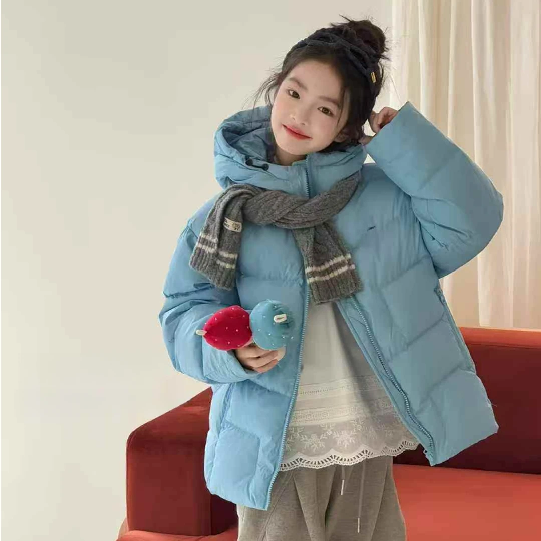 【haobaby】儿童环焦蓝纯色保暖连帽羽绒服2555