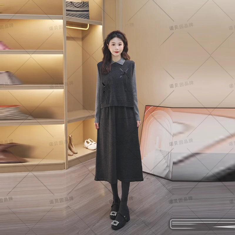 nuobeiyin/诺贝因诺贝因冬季款镂空设计连衣裙两件套装 NYSY933