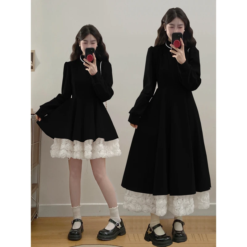 高级感黑色新年丝绒连衣裙女秋冬淑女结婚法式气质收腰小黑裙长裙