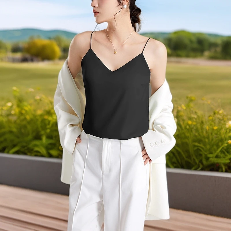 C002夏季气质领冰丝吊带背心女带胸垫新款免穿文胸宽松外穿上衣女