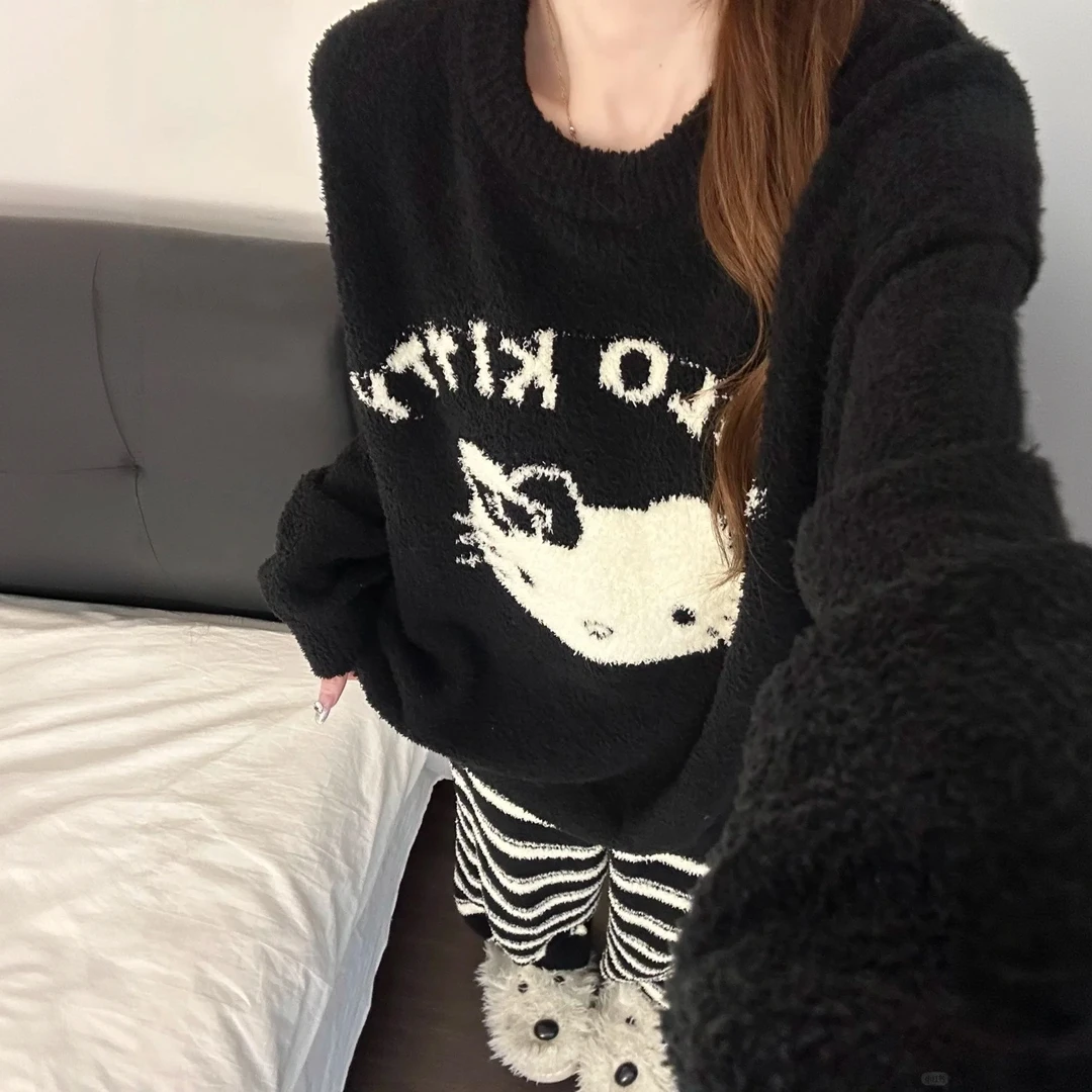 黑色kitty半边绒睡衣套装女秋冬2025新款软绵绵可外穿加厚家居服