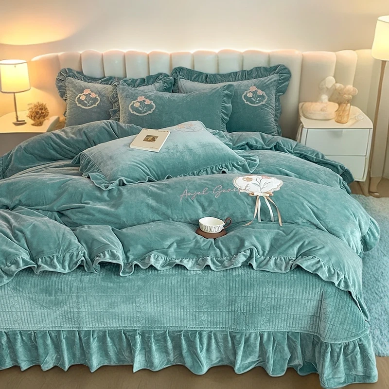 锦牵秋冬加厚保暖婴儿绒贴布绣四件套韩版花边宝宝绒高克重四件套