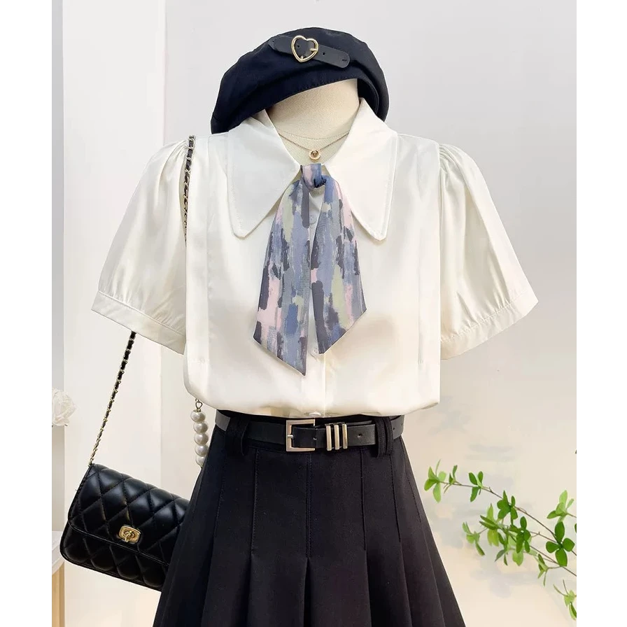 法式设计感飘带短袖衬衫女2025夏季新款时尚减龄别致上衣9533