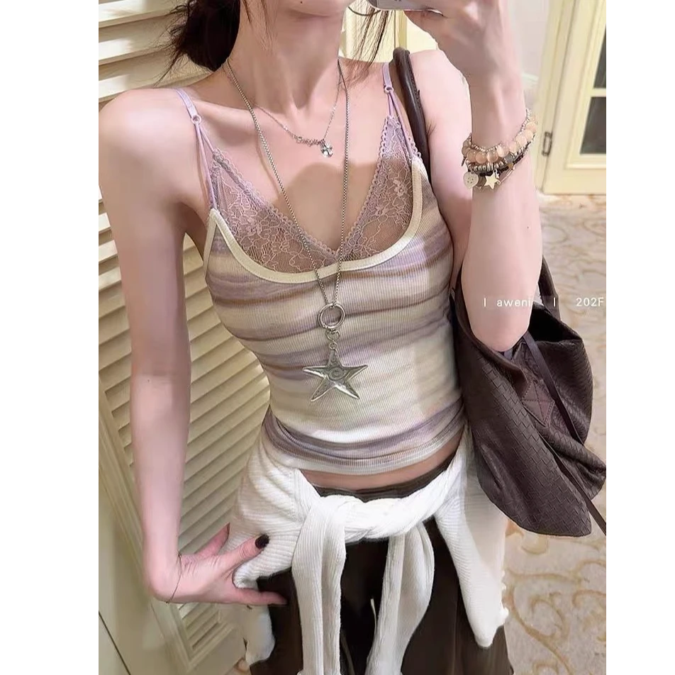 纯欲奶紫氛围感假两件蕾丝吊带背心显瘦肩带可调节一体式带胸垫女
