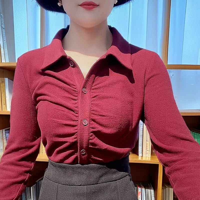 2023秋冬女装原创新款 双面绒加厚保暖衬衫领打底衫 上衣修身衬衣