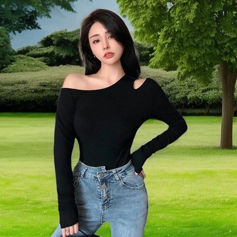 黑色斜领长袖t恤女2025新款紧身镂空打底衫春秋冬内搭设计感上衣