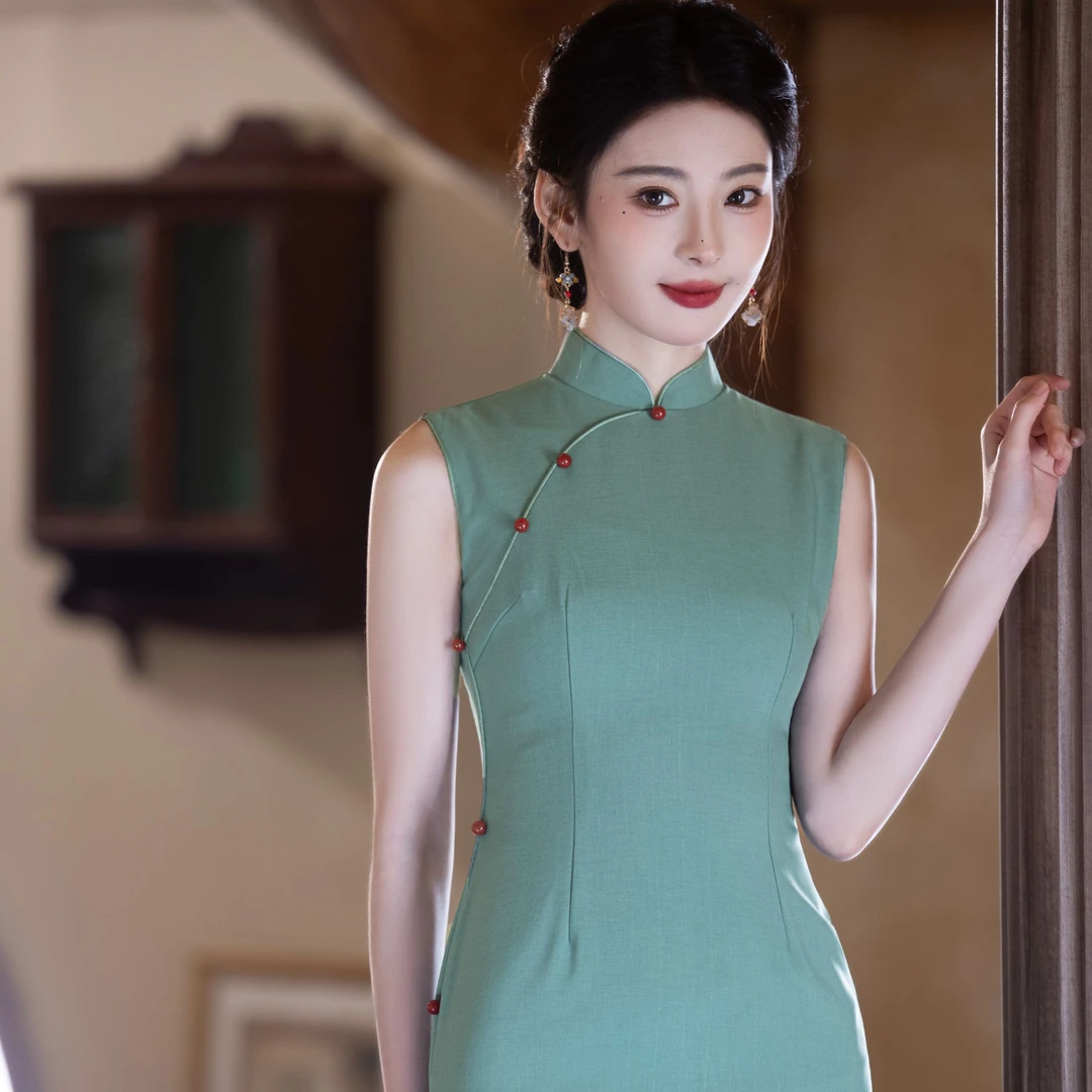 气质优雅修身时尚无袖旗袍显瘦夏季复古中式日常中国风立领民族风