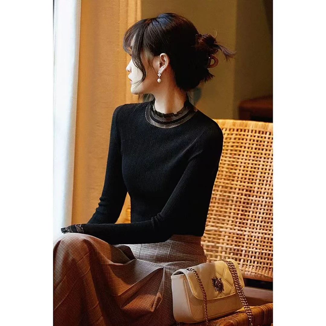 黑色蕾丝木耳边内搭长袖打底衫