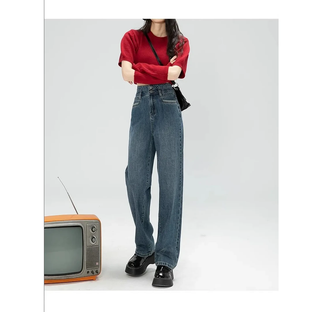 高腰窄版阔腿牛仔裤女2025秋季新款小个子直筒显瘦宽松百搭牛仔裤