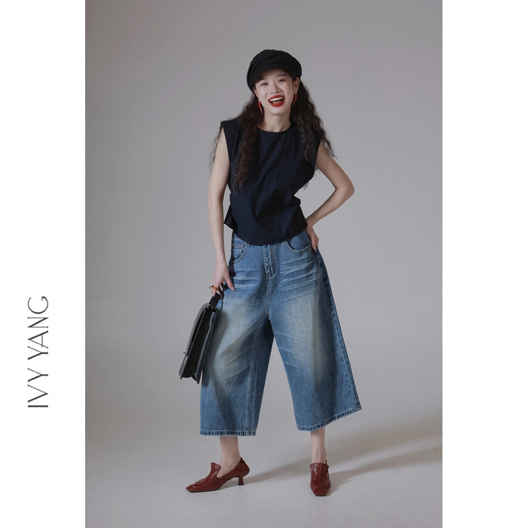 IVY YANG洗水宽松别致牛仔阔腿八分裤