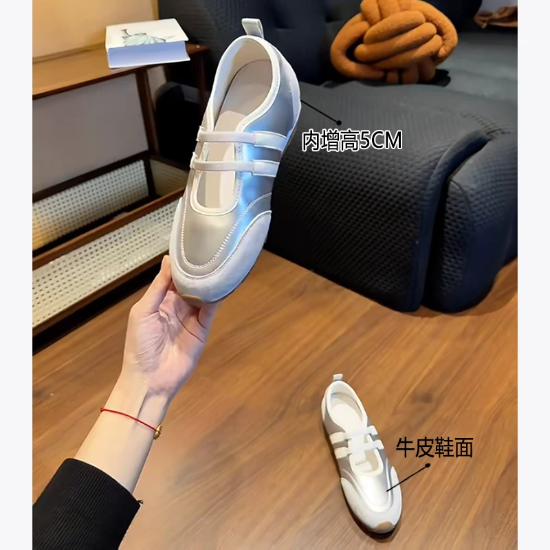 牛皮版内增高5cm复古玛丽珍鞋双束带软底拼色韩版休闲百搭单鞋女