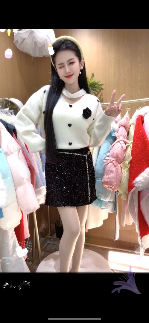 女秋冬季网红心形百搭拼接V领针织气质毛针织衫