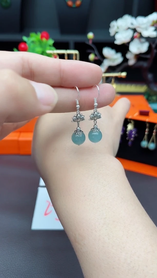 石英质玉（天山翠）银S925镶嵌耳饰237000