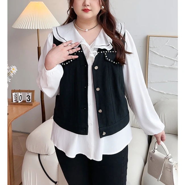 MsShe大码女装新款春装小香V领钉珠系扣短款马甲外套F2308022