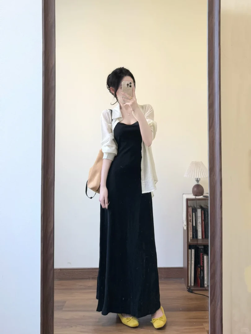 法式黑色吊带连衣裙女2025夏季新款薄款长袖防晒衬衫休闲两件套女