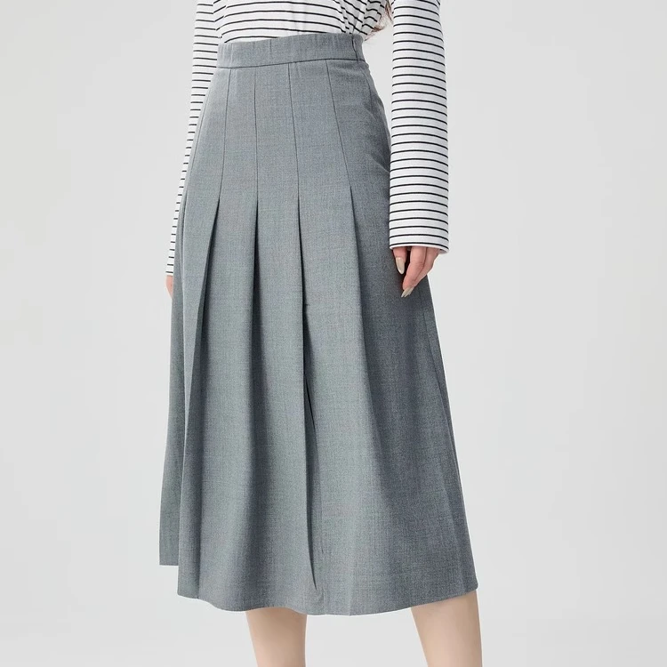 GIRDEAR/哥弟   高腰优雅拼接百褶侧开叉绵羊毛半身长裙1200325