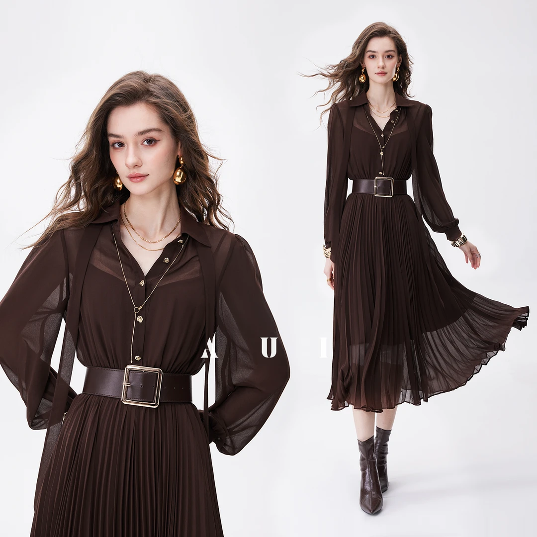 aui时尚衬衫连衣裙女2025早秋新款灯笼袖修身a字polo裙25Q010268