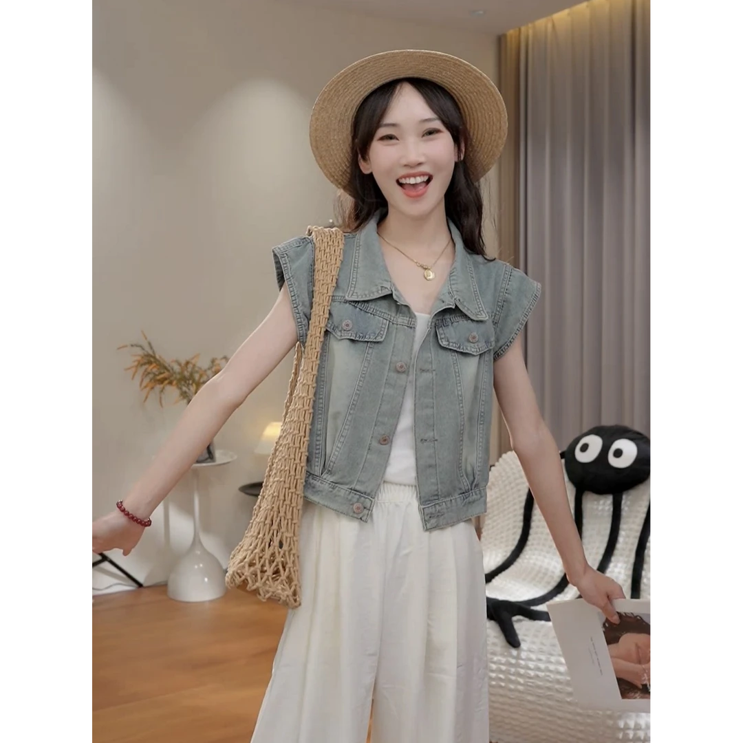 复古垫肩牛仔马甲女夏季2025新款宽松显瘦小坎肩短款百搭马夹外套