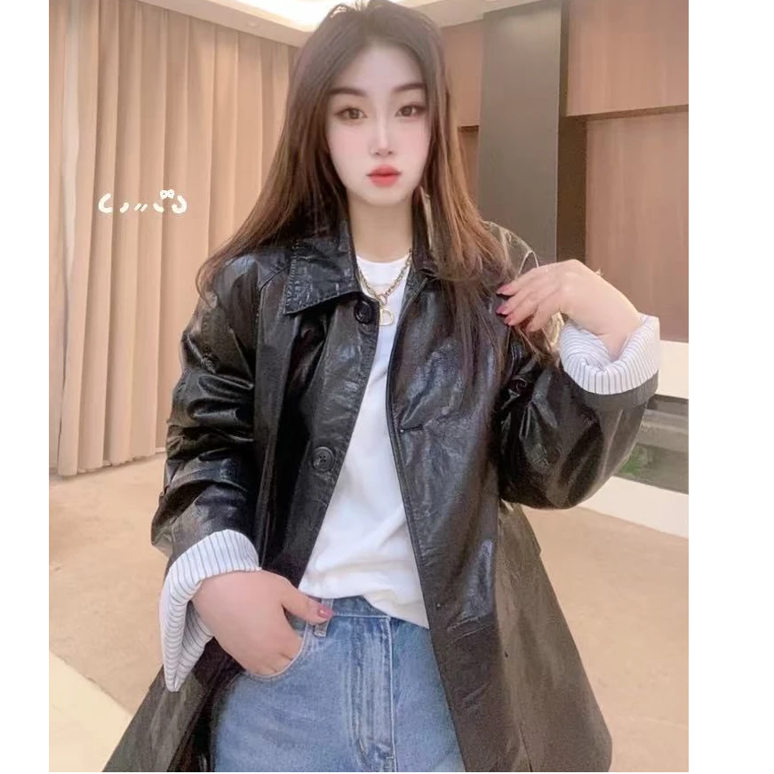 春季秋季纽扣中长款轻职风皮衣春秋皮衣韩版女士气质