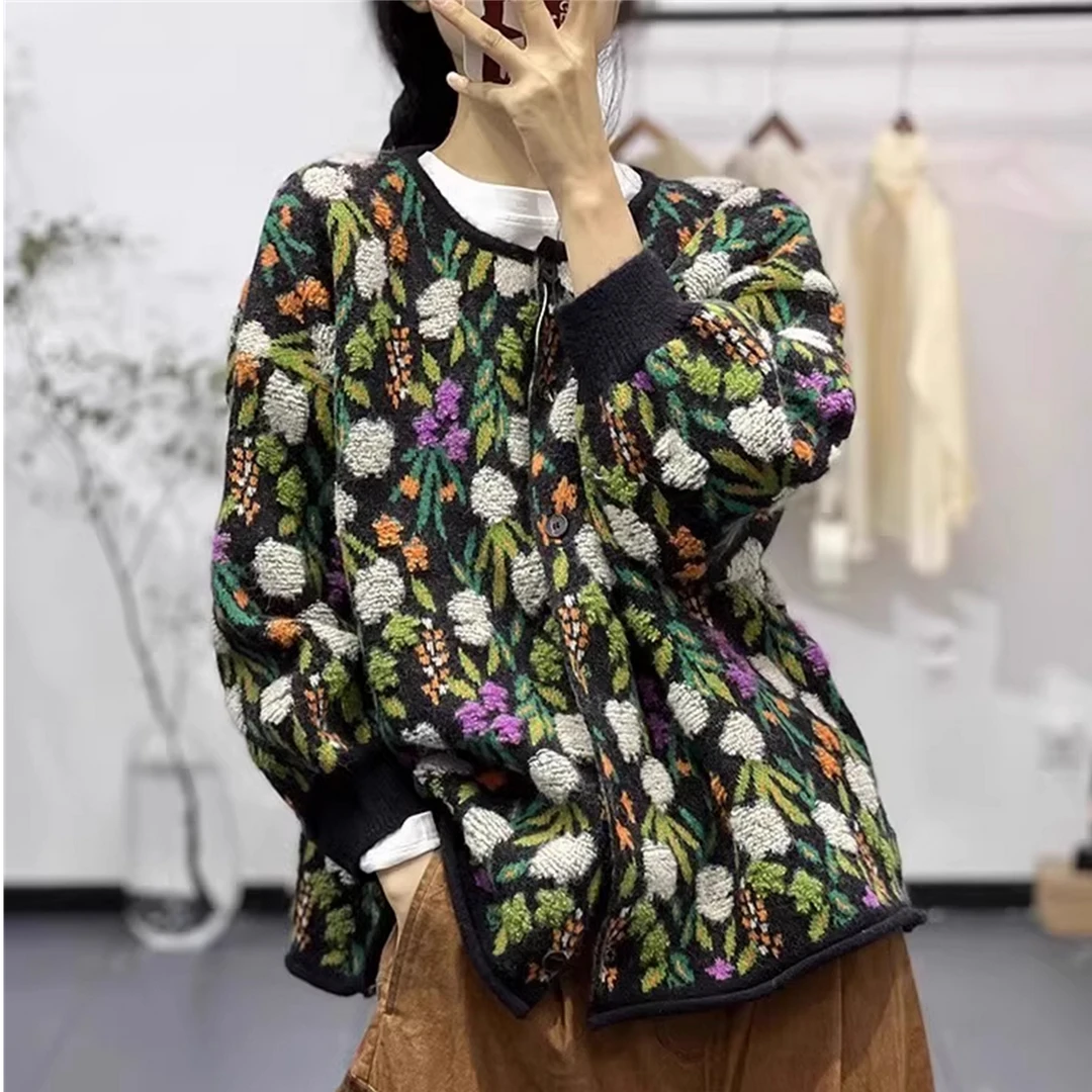 大码胖MM提花百搭针织开衫外套女秋季刺绣宽松显瘦遮肚子休闲毛衣
