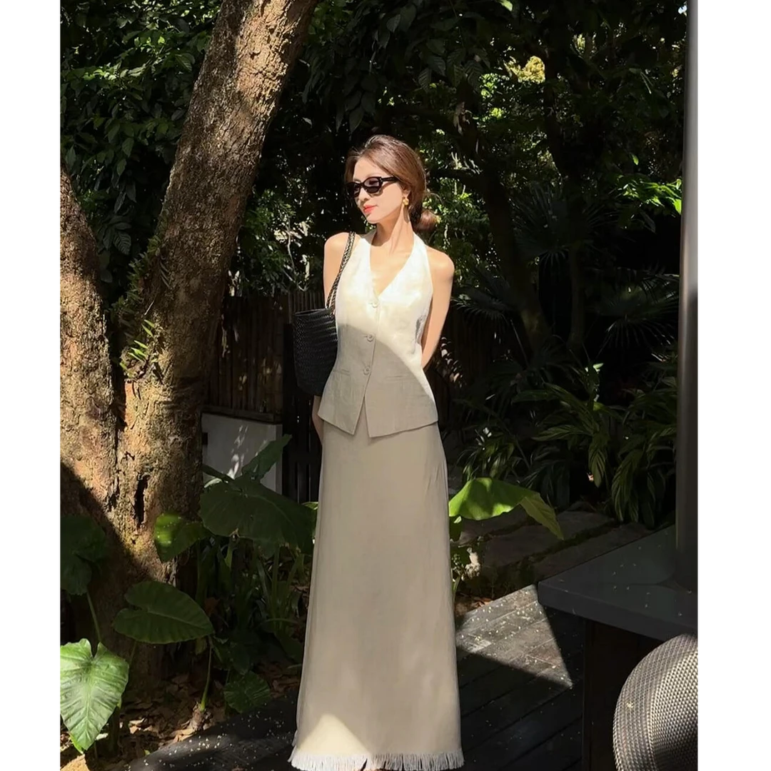 夏季新款气质挂脖绑带露背马甲背心辣妹性感高腰半身长裙套装女