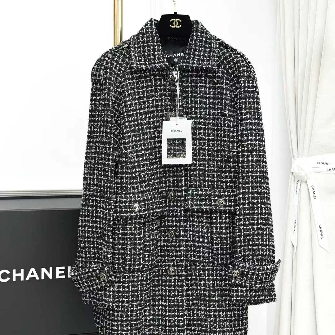99新 Chanel/香奈儿 34码20P黑色细格粗花呢编织tweed廓形外套