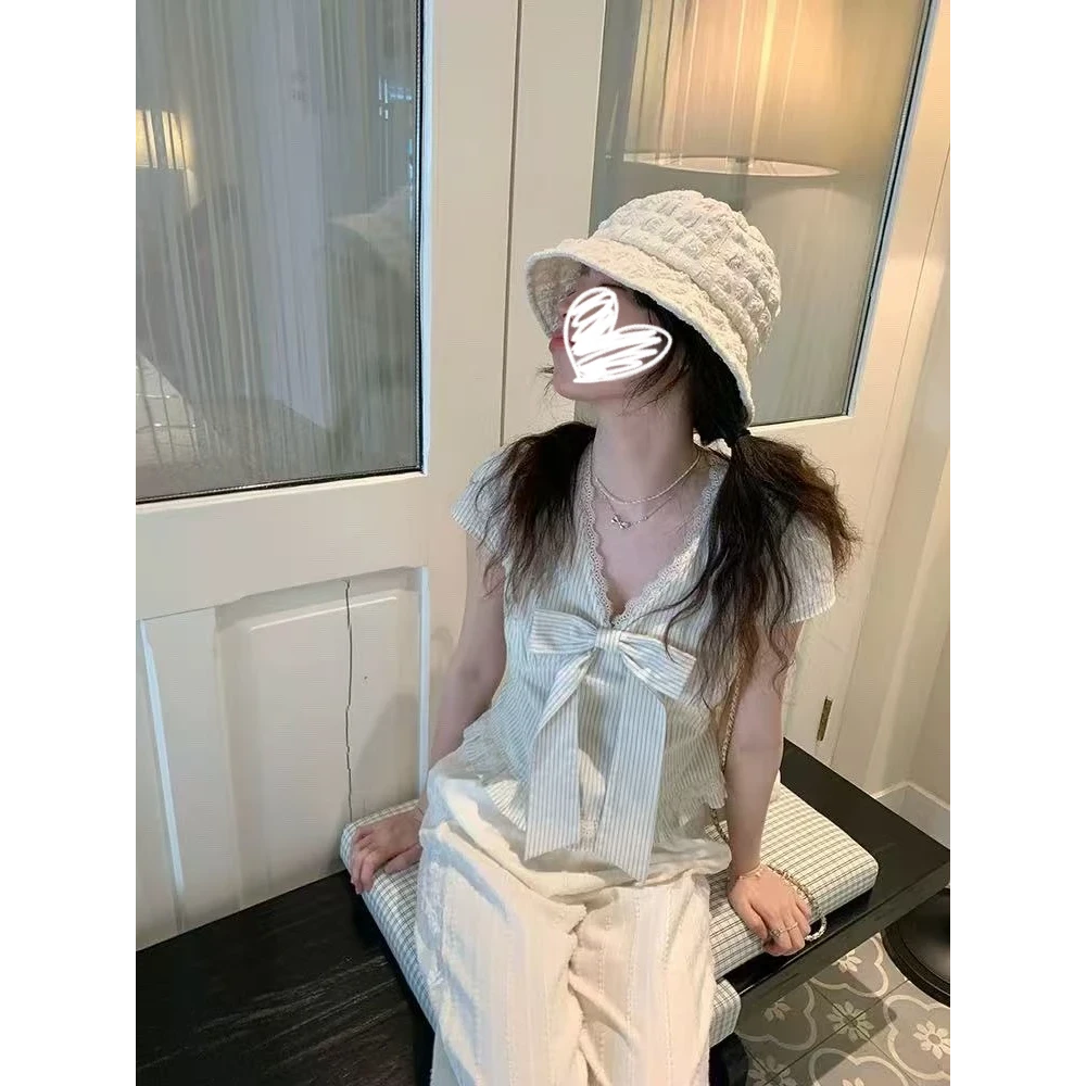 栀子清欢 蓝色条纹蝴蝶结v领上衣女1420