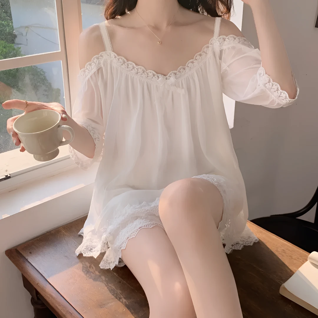 一字肩网纱睡衣套装夏季家居服薄款网红女士纯欲公主风秋季宫廷风