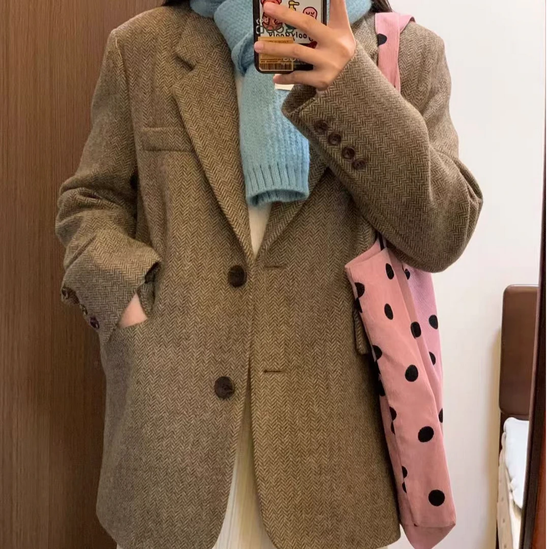 人字纹羊毛西装外套女高级感新款春秋季韩版休闲宽松复古毛呢西服