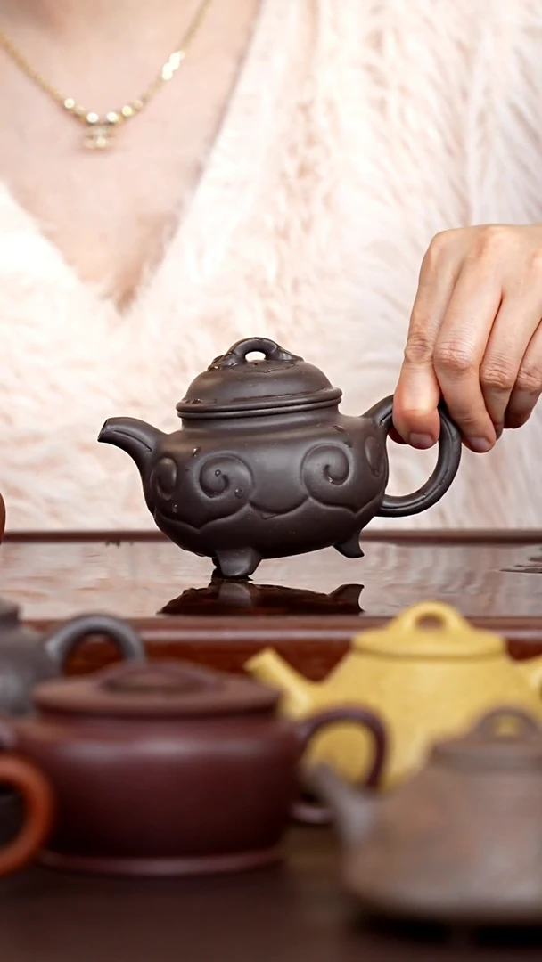 茶壶紫砂波**子天青三足仿古如意