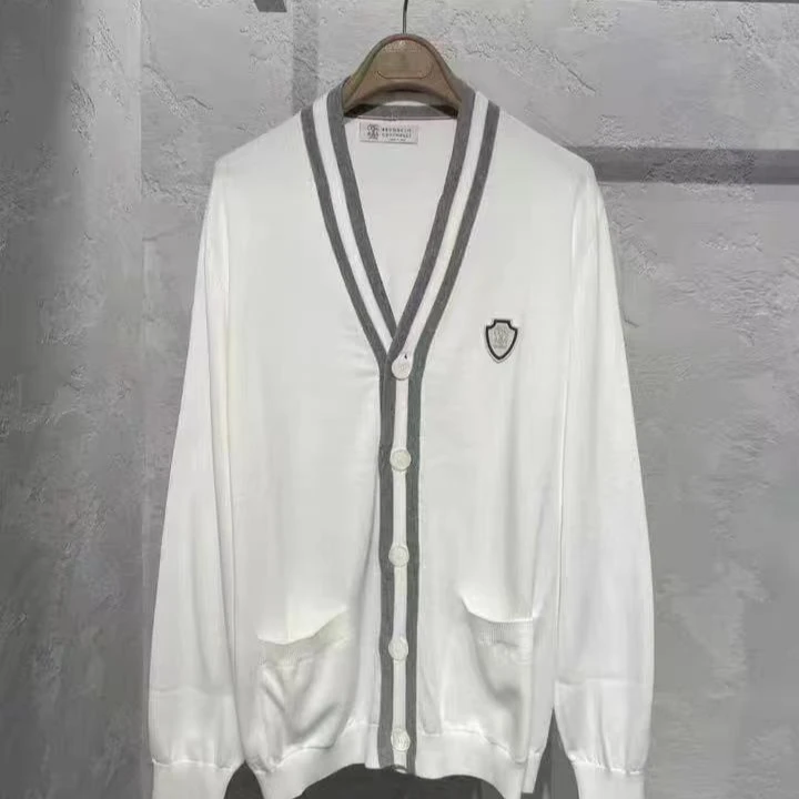 未使用 Brunello Cucinelli/布鲁内洛·库奇内利 白色徽标V领开衫