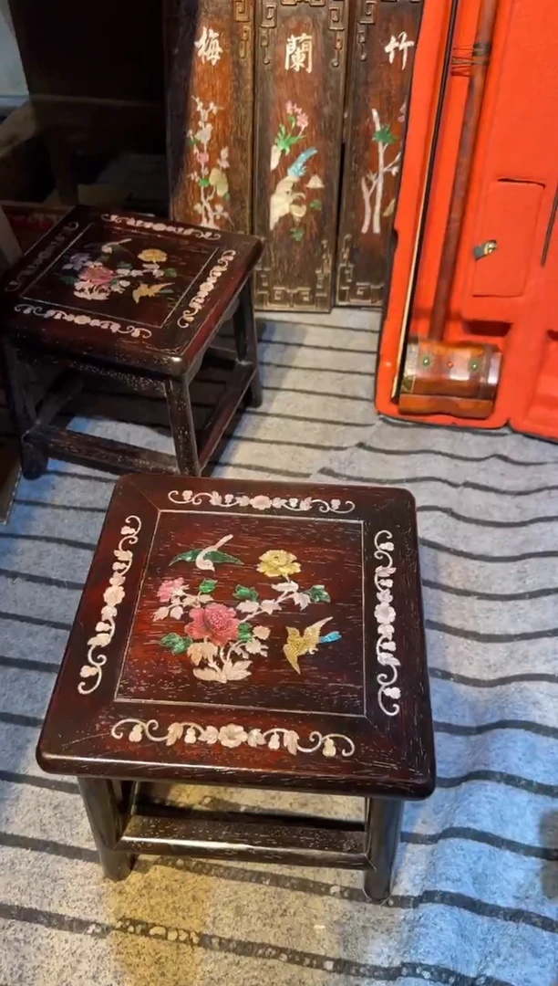 木紫檀富贵凳镶嵌彩贝花鸟花鸟