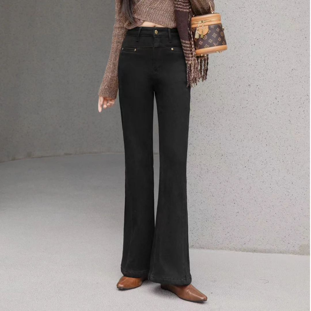 1959秋冬新款女高腰微喇显腿长加绒牛仔裤韩系老钱风显瘦喇叭裤