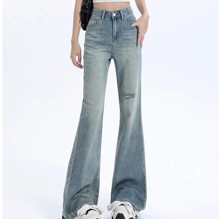 梨型身材破洞牛仔裤女夏季薄款胖妹妹显瘦宽松直筒不贴腿微喇叭裤