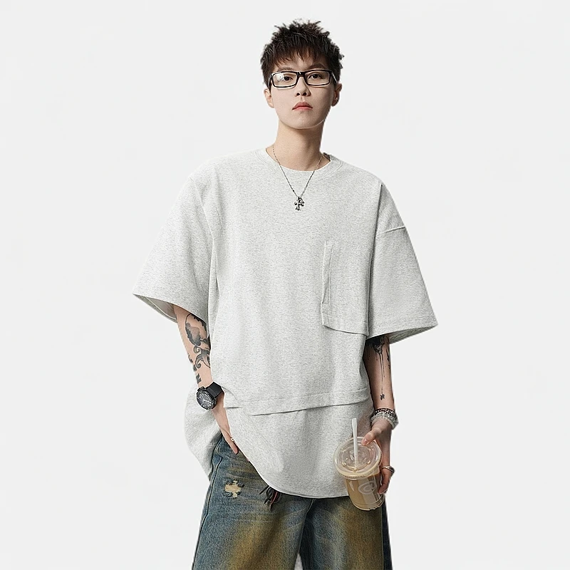 潮牌剪裁工装t恤男款夏季高街解构设计感短袖美式拼接百搭五分袖
