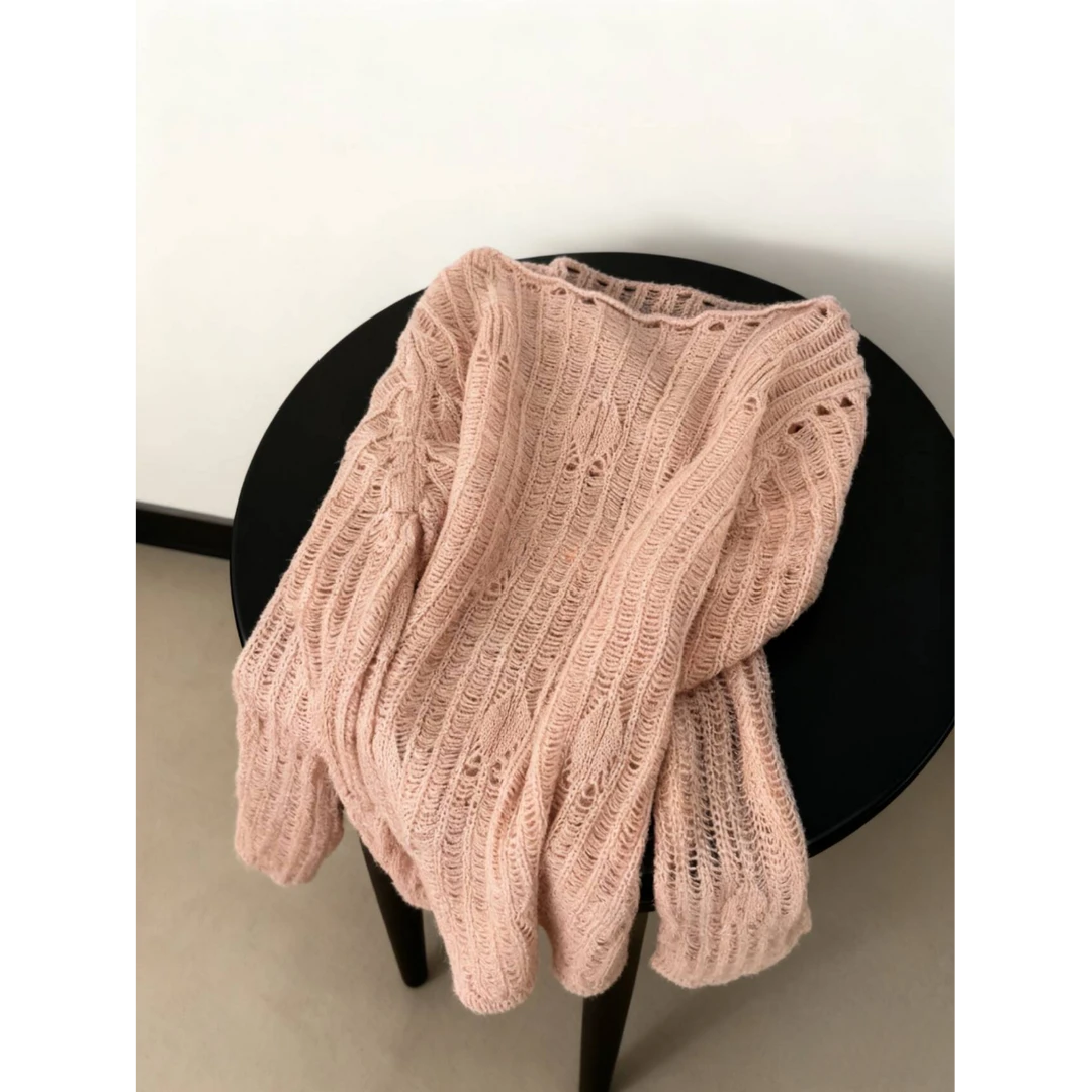 美貌色系！太好看了！温柔西柚粉针织衫女慵懒小众软糯镂空时髦上衣