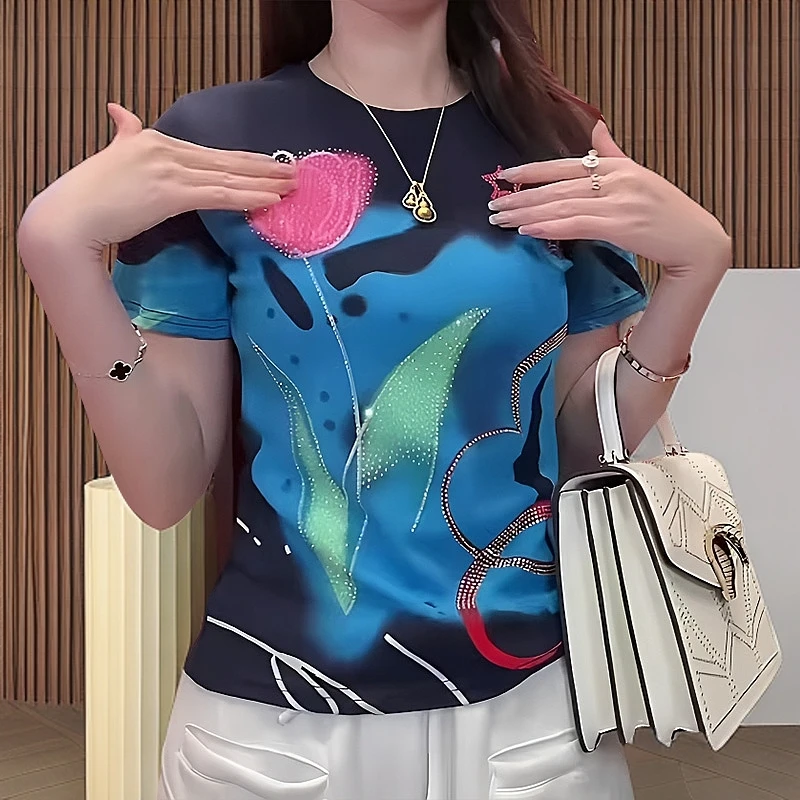 纯棉短袖2025夏季网红新款重工烫钻修身显瘦洋气设计感印花t恤