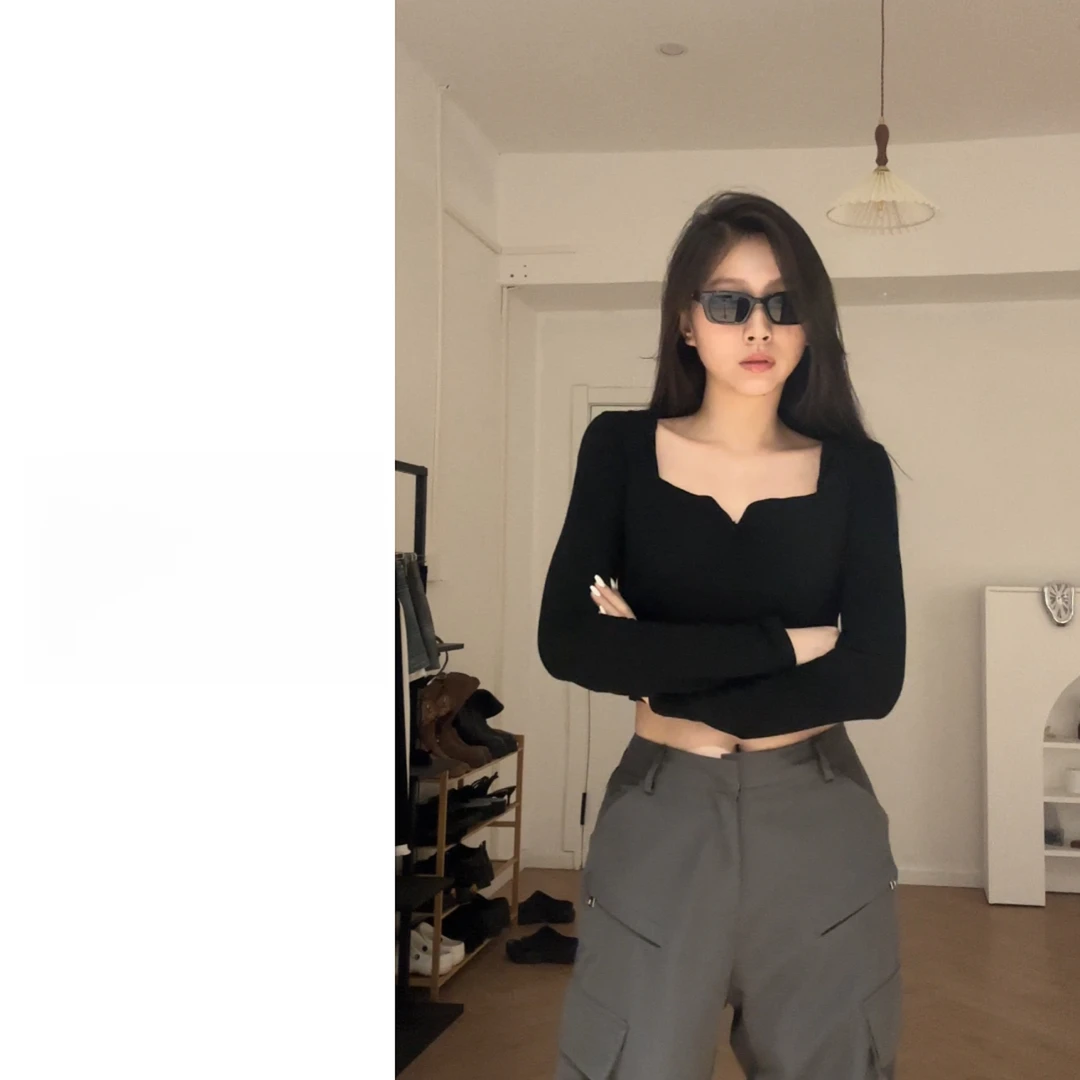 【年终特价】小众设计感长袖T恤女秋季百搭显瘦短款上衣