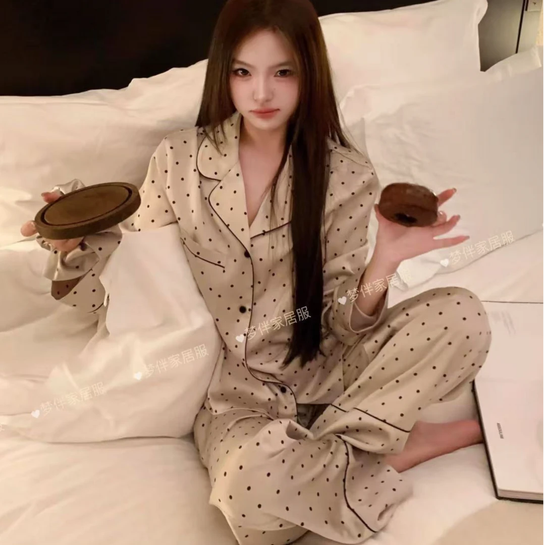 8017秋季大码宽松睡衣女波点气质长袖冰丝高级感可外穿家居服套装