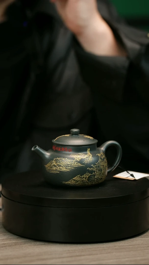 茶壶紫砂快***！H2266余海燕墨绿描金山水圆帽
