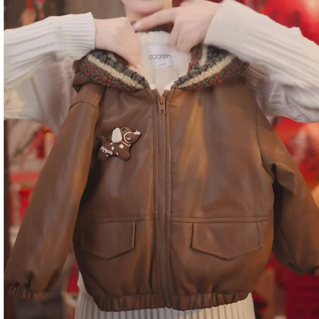 MOMOCO男女童冬季韩版加绒皮衣连帽保暖外套DSMWWW8888