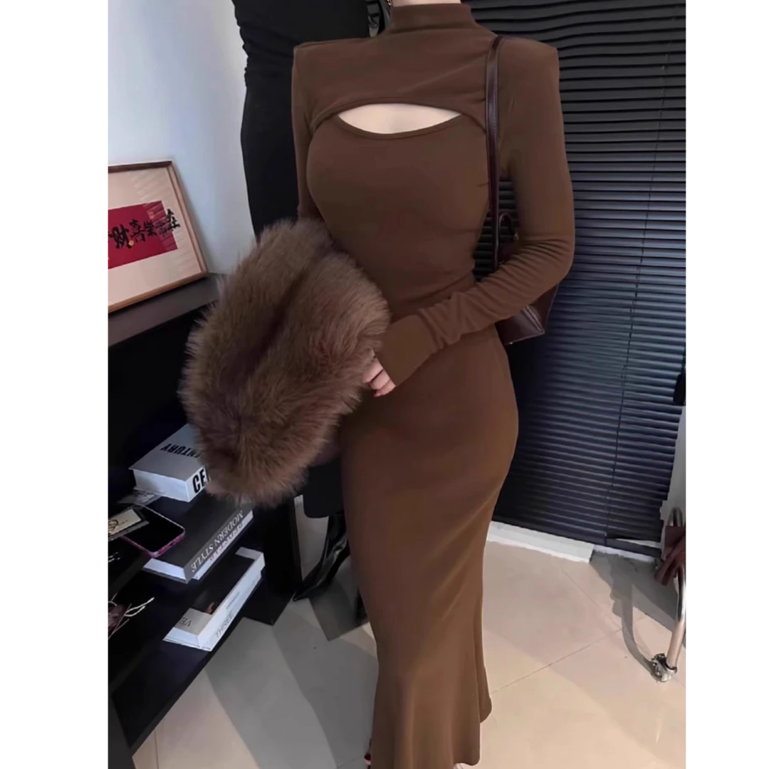 磨毛加绒-小心机后背蕾丝网纱性感鱼尾连衣裙