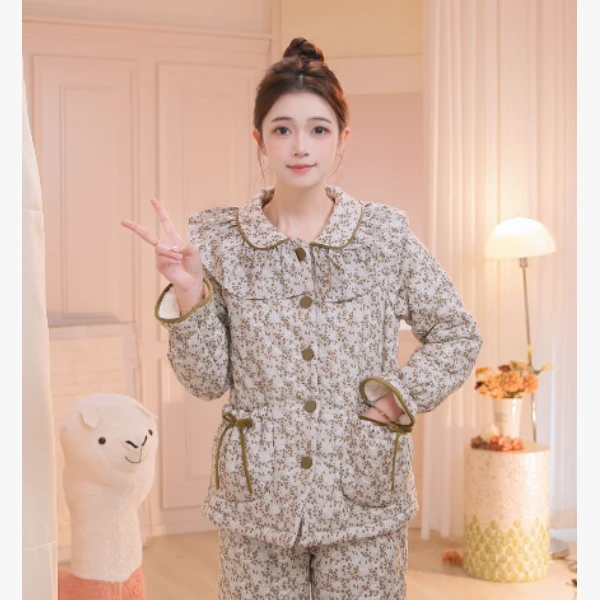 安之伴【巨保暖】梭织三层夹棉睡衣女款套装娃娃领加厚82551122217