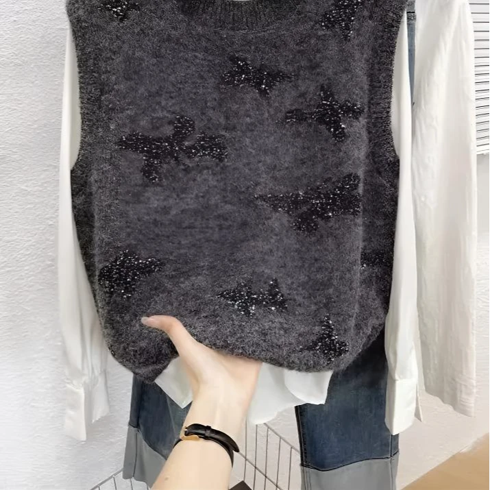圆领亮丝亮片秋季春季螺纹女马夹女装套头韩版网红气质