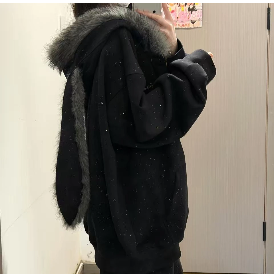 美式满天星毛领兔耳朵加绒连帽卫衣女秋冬季宽松慵懒风开衫套装