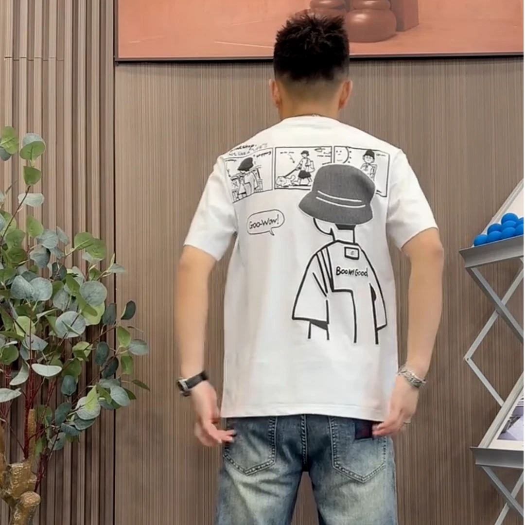 2025夏季男士新款轻奢卡通纯棉短袖t恤男潮牌圆领时尚百搭休闲T恤