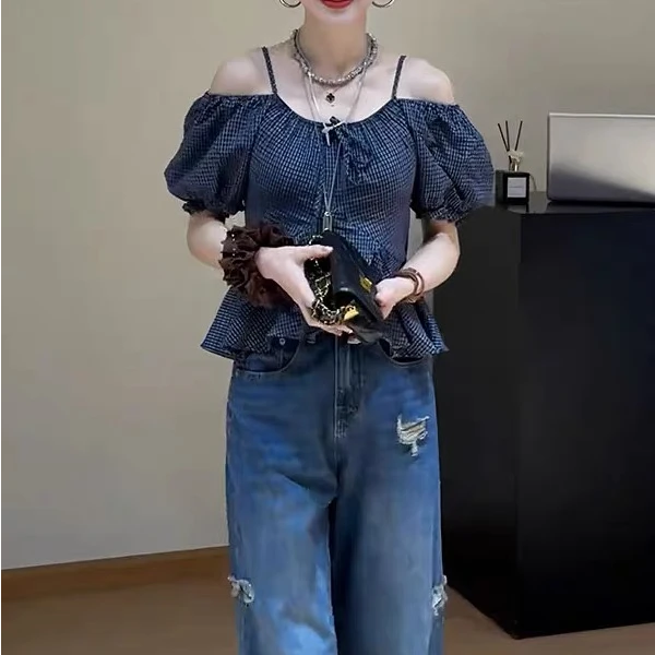 大码纯欲辣妹露肩格子短袖衬衫女夏季胖mm掐腰甜美可爱风格衣服