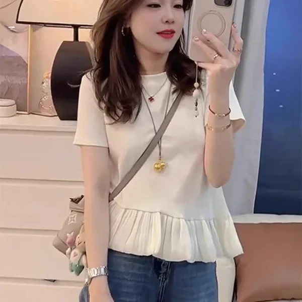 圆领短袖T恤女芭蕾风荷叶边夏季新款气质修身显瘦收腰打底衫上衣